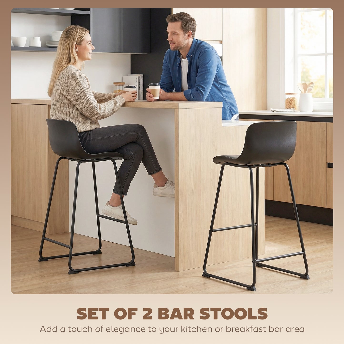 HOMCOM Modern Bar Stools Set of 2 PU Leather Counter Height Chairs for Breakfast Bars Dining Room Black