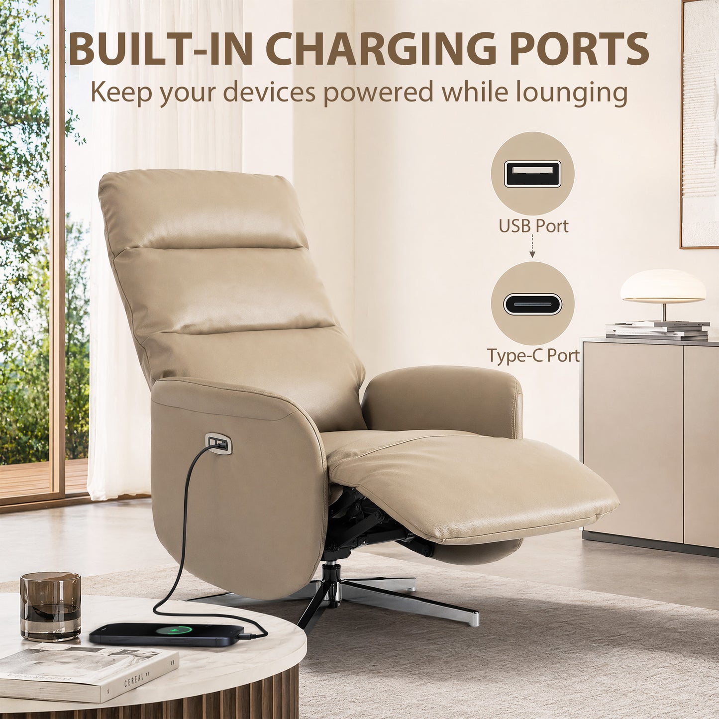 HOMCOM Power Recliner Chair, Swivel Electric Reclining Chair with Type C+USB, Recliner Armchair with Footrest, Brown