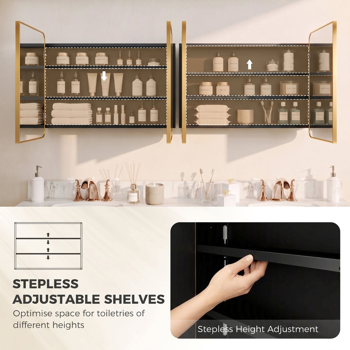 Bathroom mirror cabinet with open doors showing adjustable shelves and storage space