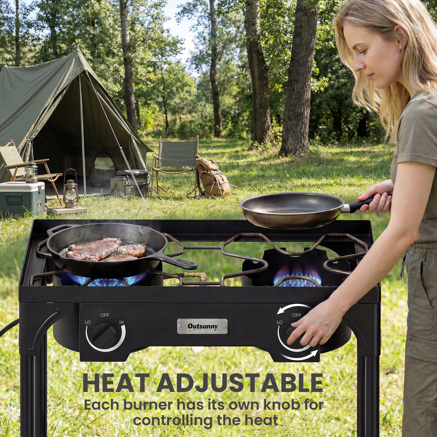 Outsunny Double Burner Camping Stove 150,000 BTU High Pressure Gas Stove With Detachable Legs Black