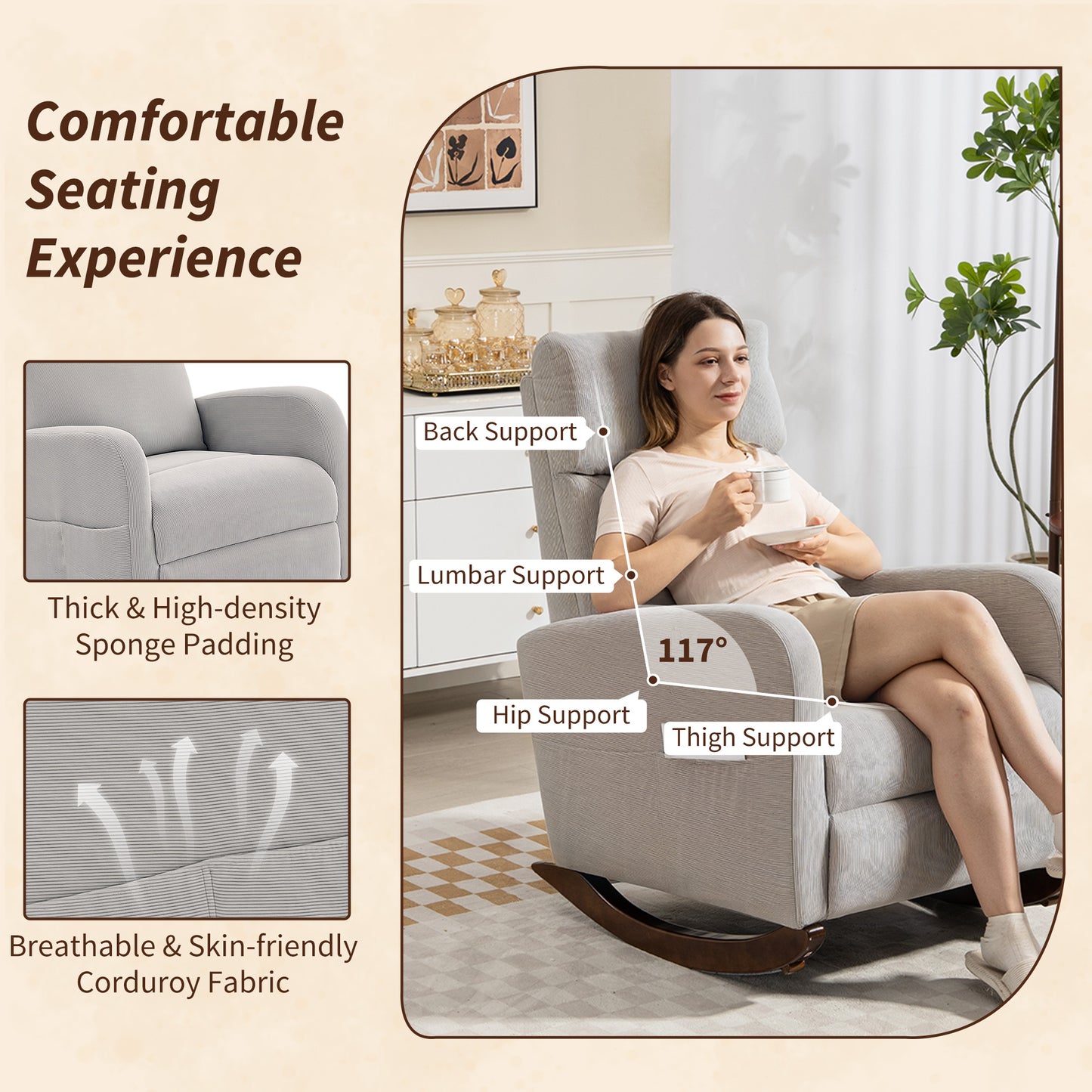 HOMCOM Corduroy Rocking Armchair Grey With Plush Padding And Gentle 11 Degree Rocking Base