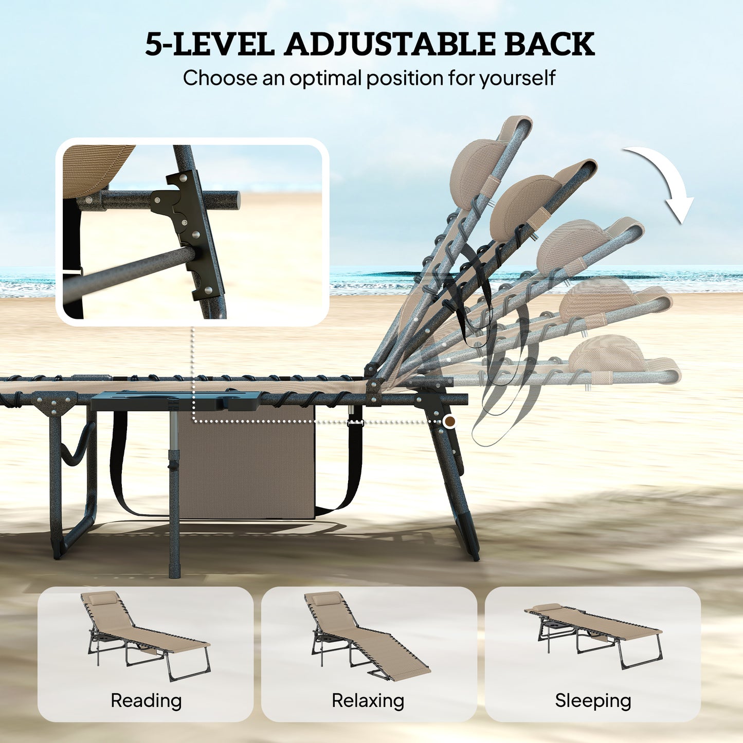 Outsunny Five Position Reclining Sun Loungers Set of 2 Beige Outdoor Lounge Chairs