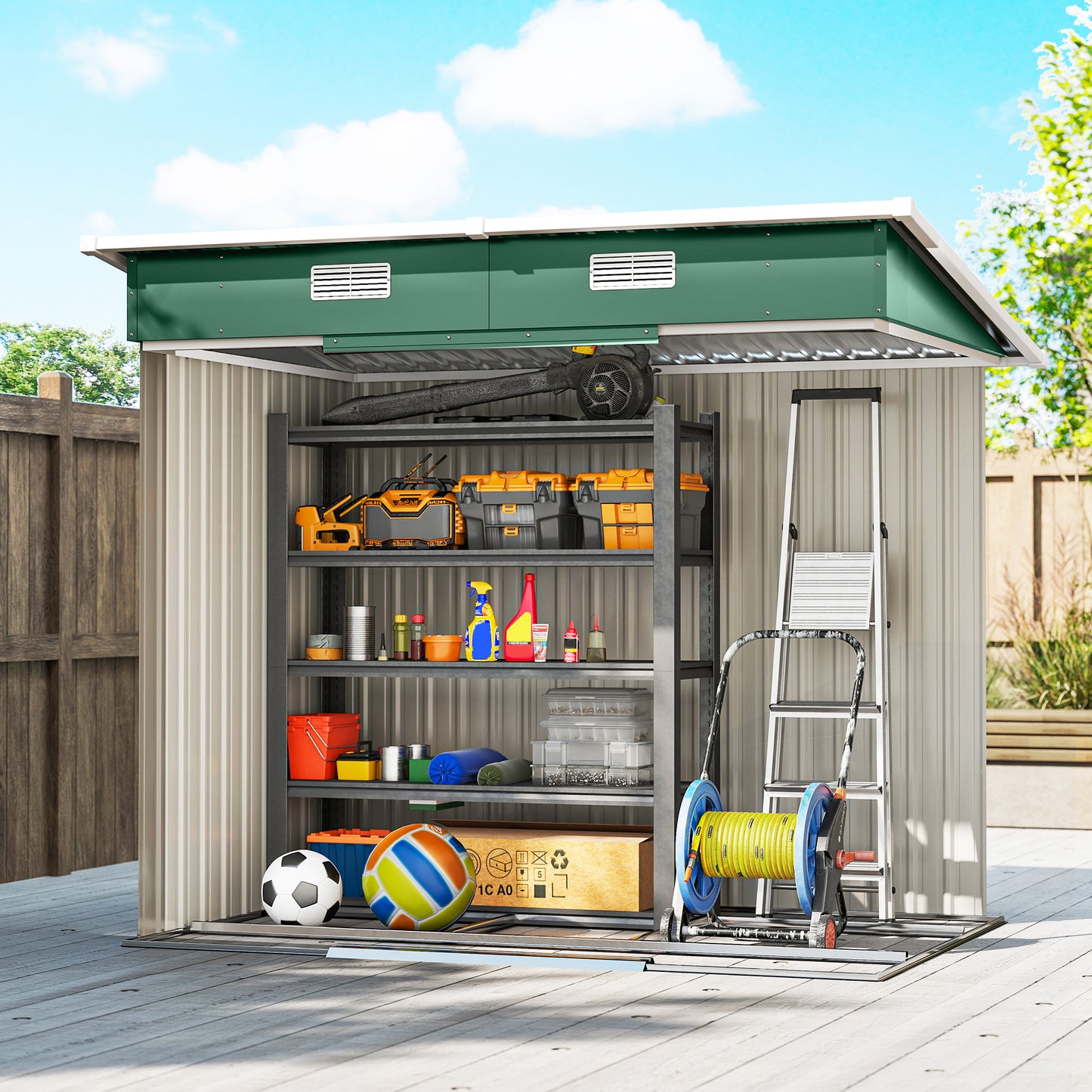 Outsunny 7x4ft Outdoor Storage Shed With Foundation Kit Lean To Metal Garden Shed For Tools Bikes Rubbish Bins Green