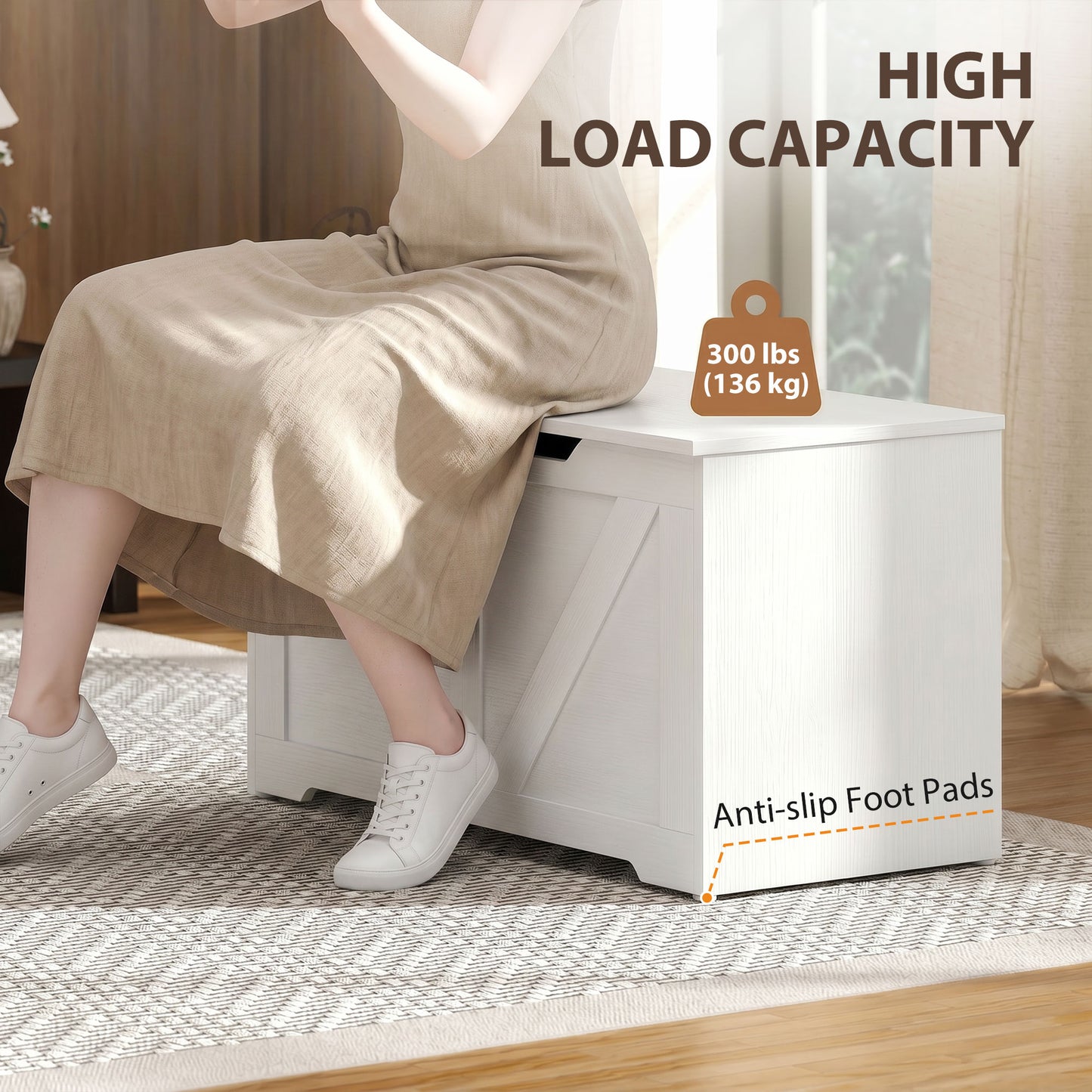 HOMCOM 100L Storage Box With Safety Hinge White Wood Effect Ottoman Trunk for Seating and Storage