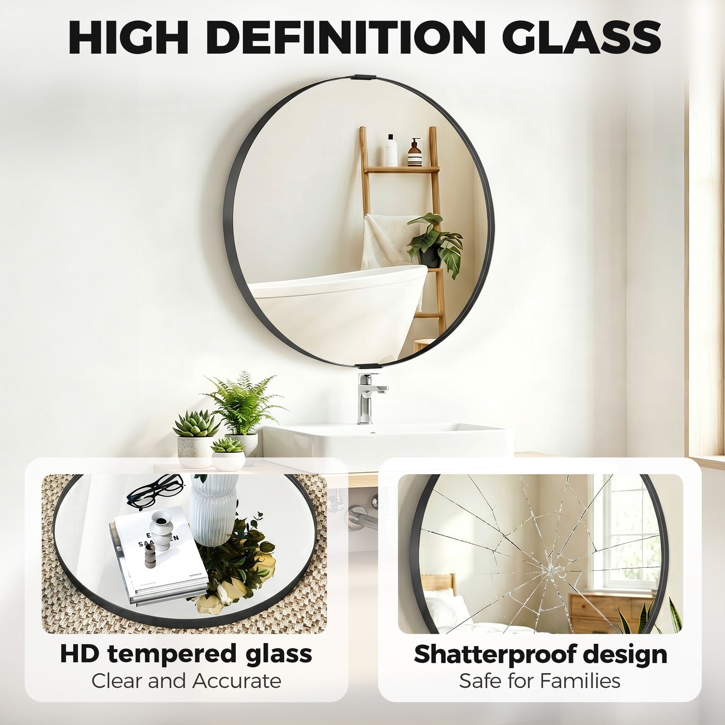 HOMCOM Round Wall Mirror 61 Cm Black Aluminium Alloy Frame Wall Mounted Bathroom Mirror With Tempered Safety Glass