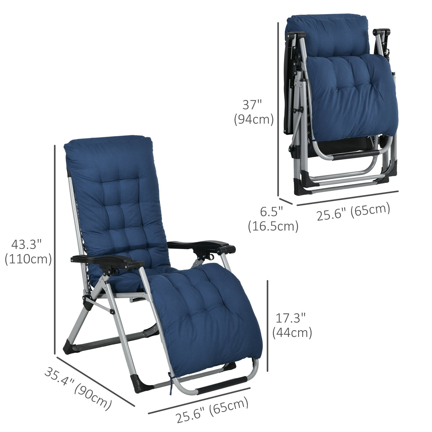 Outsunny 2 Pc Reclining Zero Gravity Sun Loungers Folding Chaise Lounge Chair With Cushions Blue Outdoor Patio Set