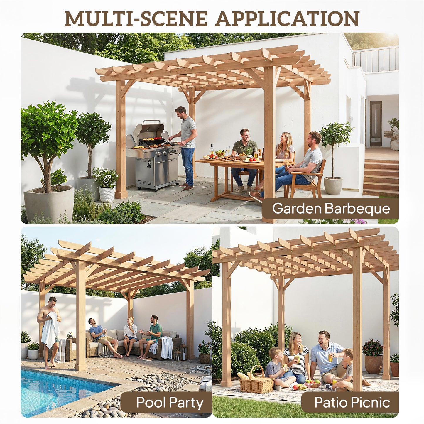 Outsunny Garden Pergola Kit Wooden Gazebo Grape Trellis With Stable Structure 3.6 X 3.6m Dark Brown
