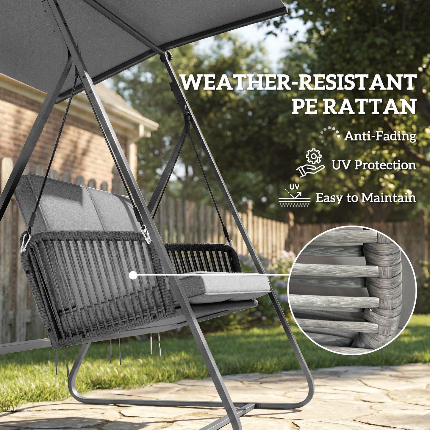 Outsunny 2-Seater Rattan Hanging Swing Chair For Outdoor Garden With Stand Adjustable Canopy And Cushions