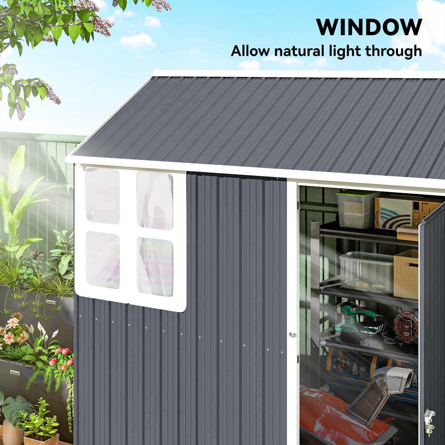 Outsunny 7 By 6ft Galvanised Garden Shed With Latch And Steel Frame Dark Grey Outdoor Storage