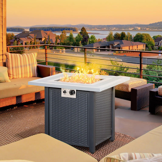 Outsunny Square Propane Fire Pit Table, 40000 BTU Rattan Patio Heater with Lid and Lava Rocks - ALL4U RETAILER LTD