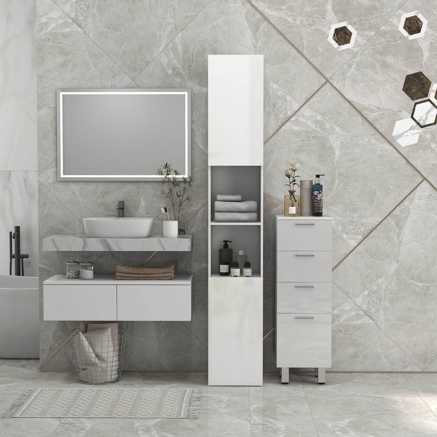 HOMCOM Sleek High Gloss White Slim Bathroom Storage Cabinet with Adjustable Shelves - ALL4U RETAILER LTD