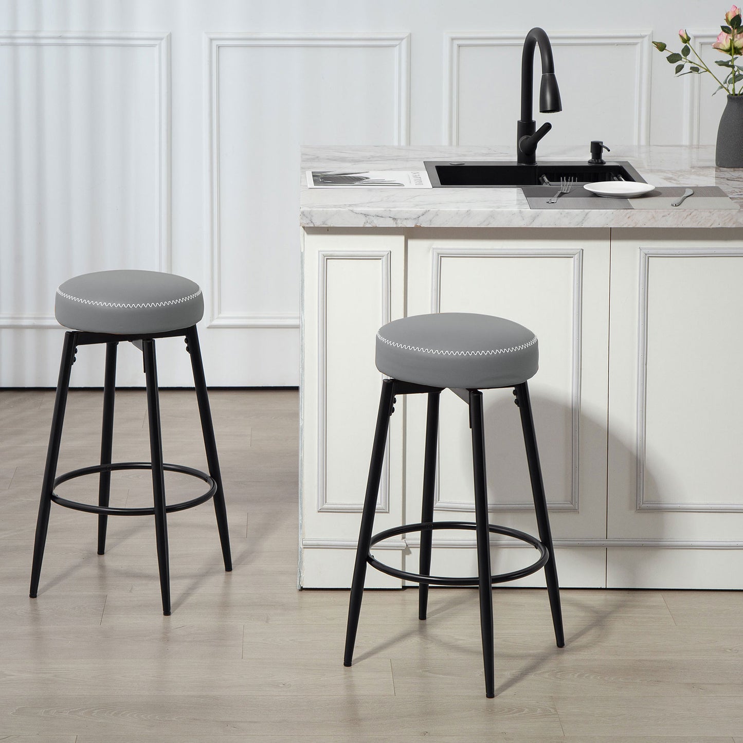 HOMCOM Set Of Two Faux Leather Bar Stools Grey And Black White Edge Stitching Cushioned 8 Cm Foam For Comfortable Dining