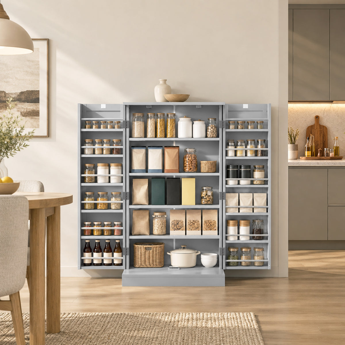 Grey freestanding pantry cabinet with multi-shelf storage compartments