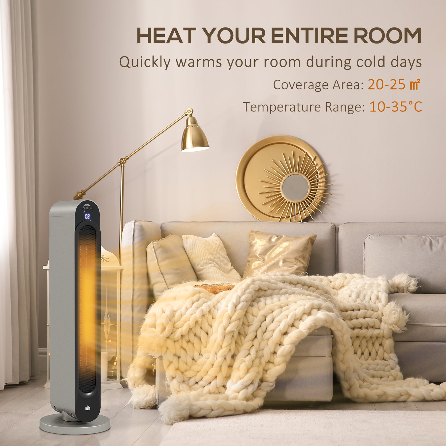 HOMCOM 2kW PTC Ceramic Tower Heater with Remote LED Display 10 to 35 C Temperature Range