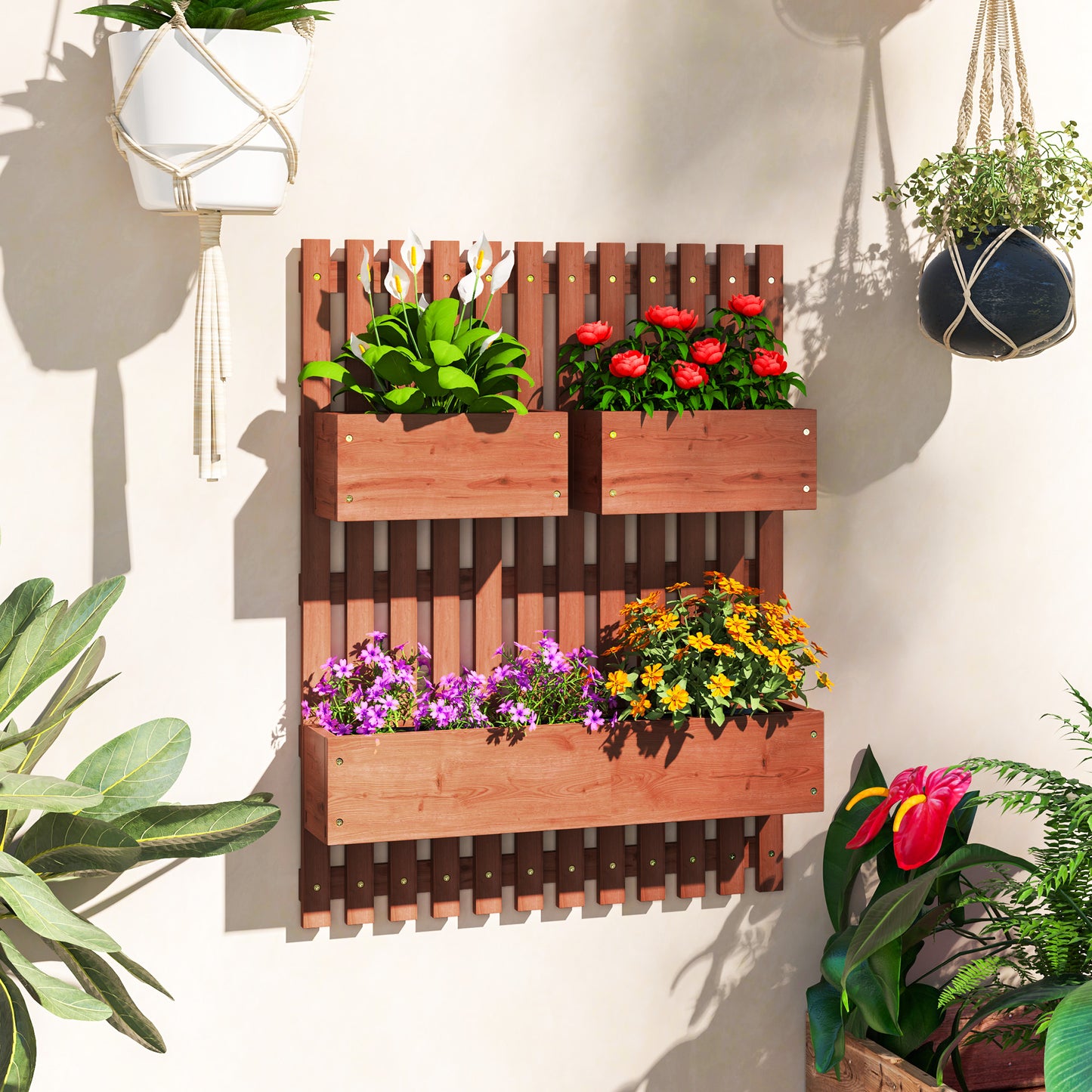 Outsunny Wall Mounted Wooden Garden Planter with Trellis and Drainage Holes Three Planter Boxes for Patio Brown