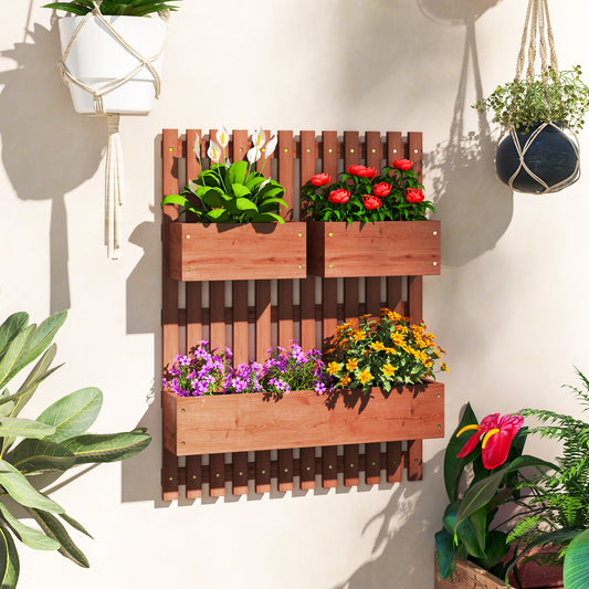 Outsunny Wall Mounted Wooden Garden Planter with Trellis and Drainage Holes Three Planter Boxes for Patio Brown