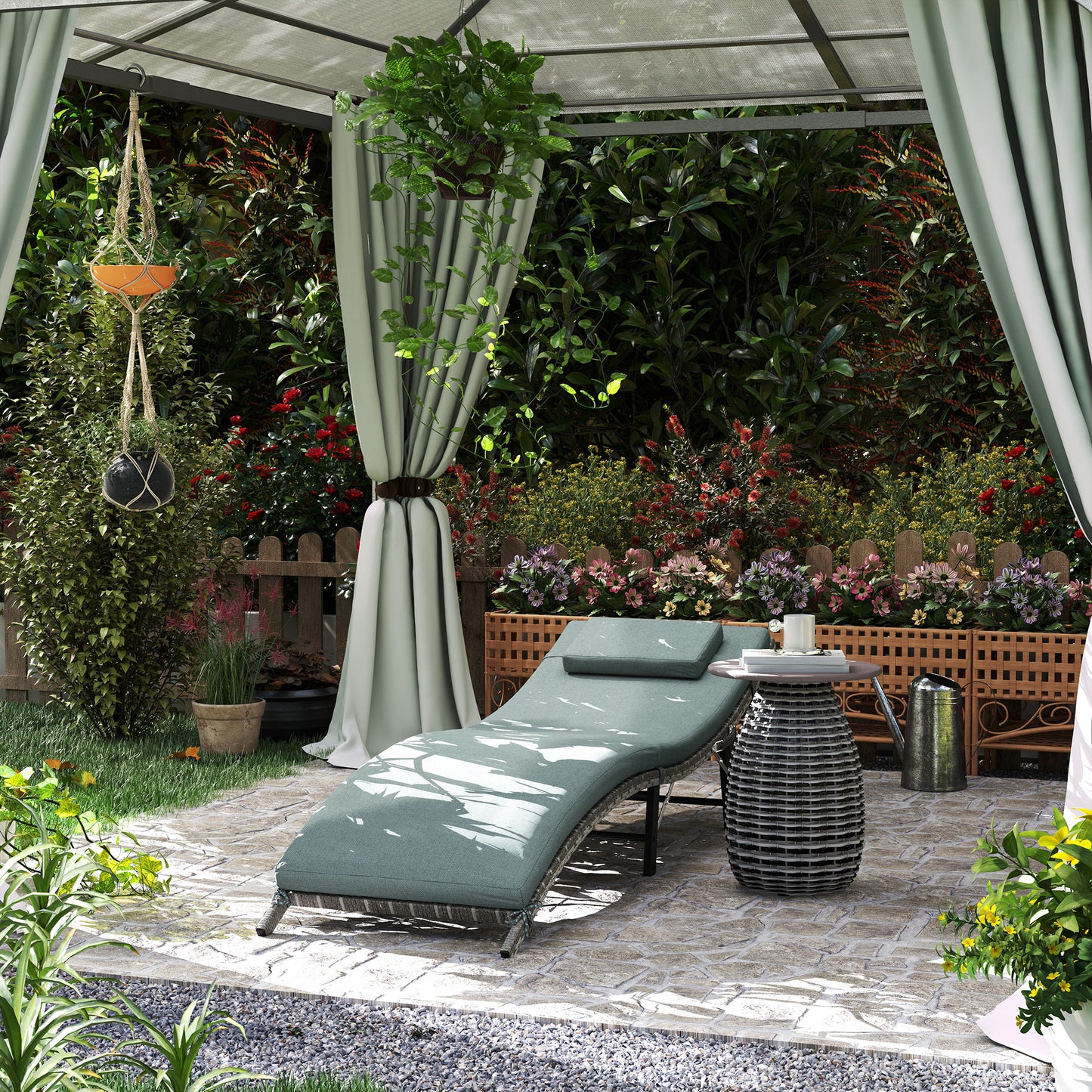 Outsunny Rattan Folding Sun Lounger Outdoor Chair With Cushion And Pillow Mixed Grey Weather Resistant