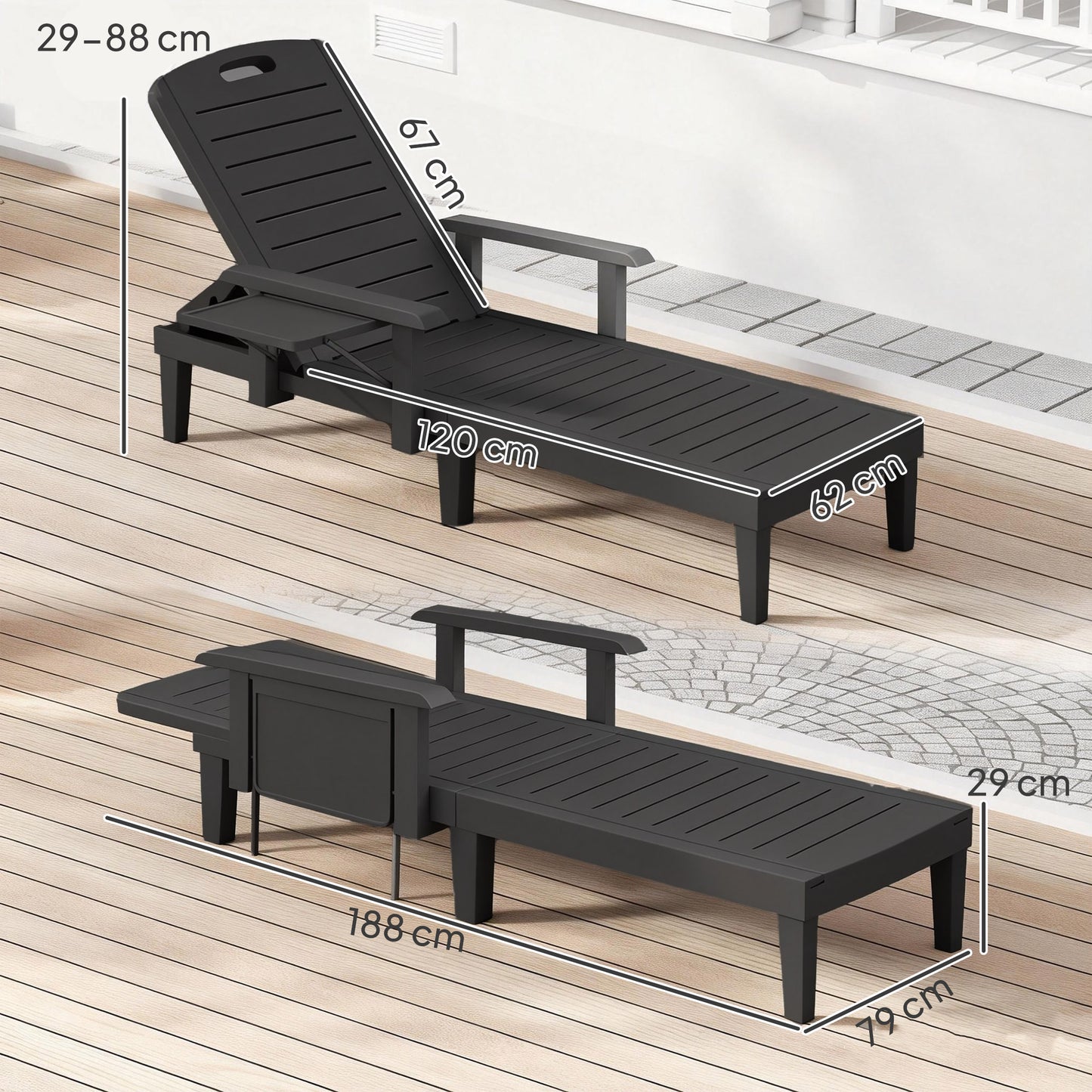 Outsunny Set Of 2 Adjustable Sun Loungers With Five Position Recline And Armrests For Outdoor Use Foldable Table Black