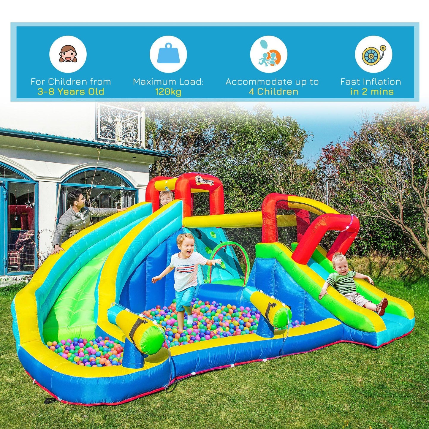 Outsunny Kids Bounce Castle with Trampoline, Slide, and Pool - ALL4U RETAILER LTD