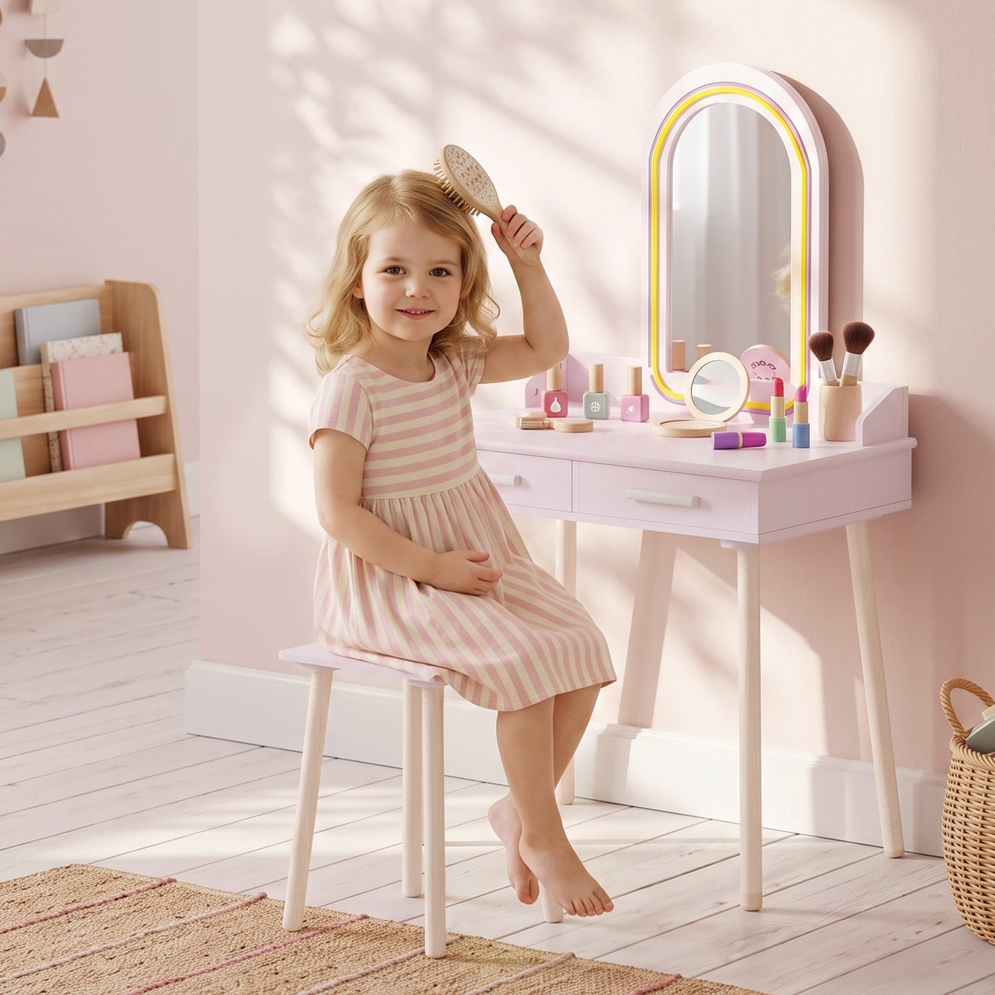 AIYAPLAY Kids Dressing Table And Stool Set With LED Mirror Three Colour Lights Pink For Ages 3 To 8