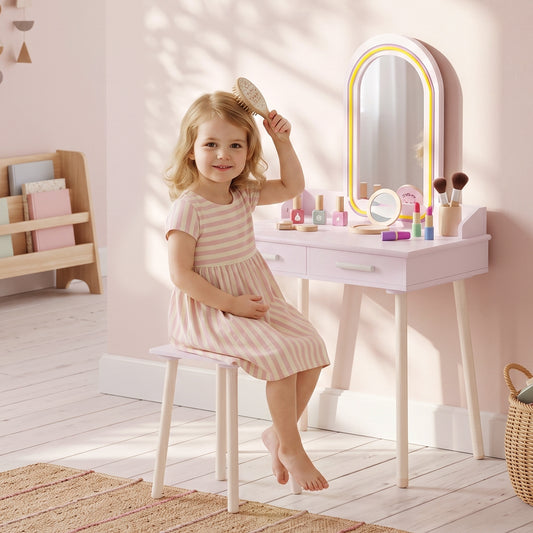 Kids pink dressing table set with arched LED mirror and matching stool