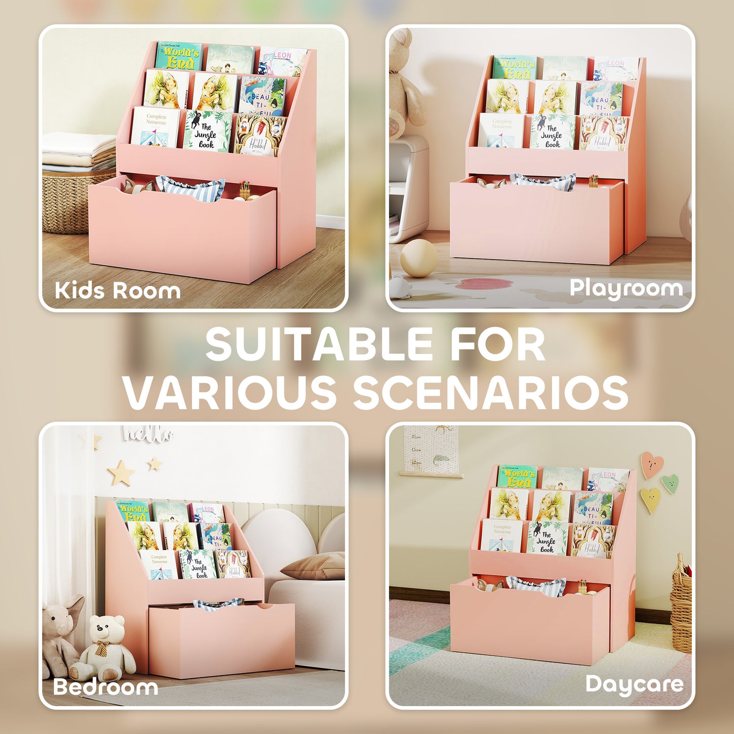 AIYAPLAY Pink Kids Bookcase With Shelves And Drawer On Wheels For Bedroom And Playroom