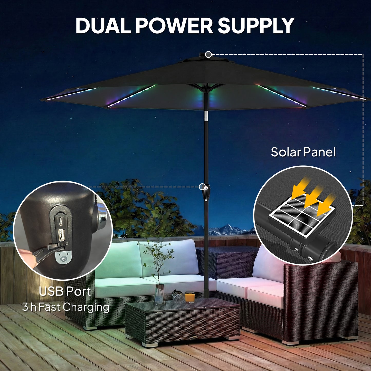 Outsunny 3m Garden Parasol Umbrella With 112 Solar Powered LED Lights USB Charging Crank Handle Black