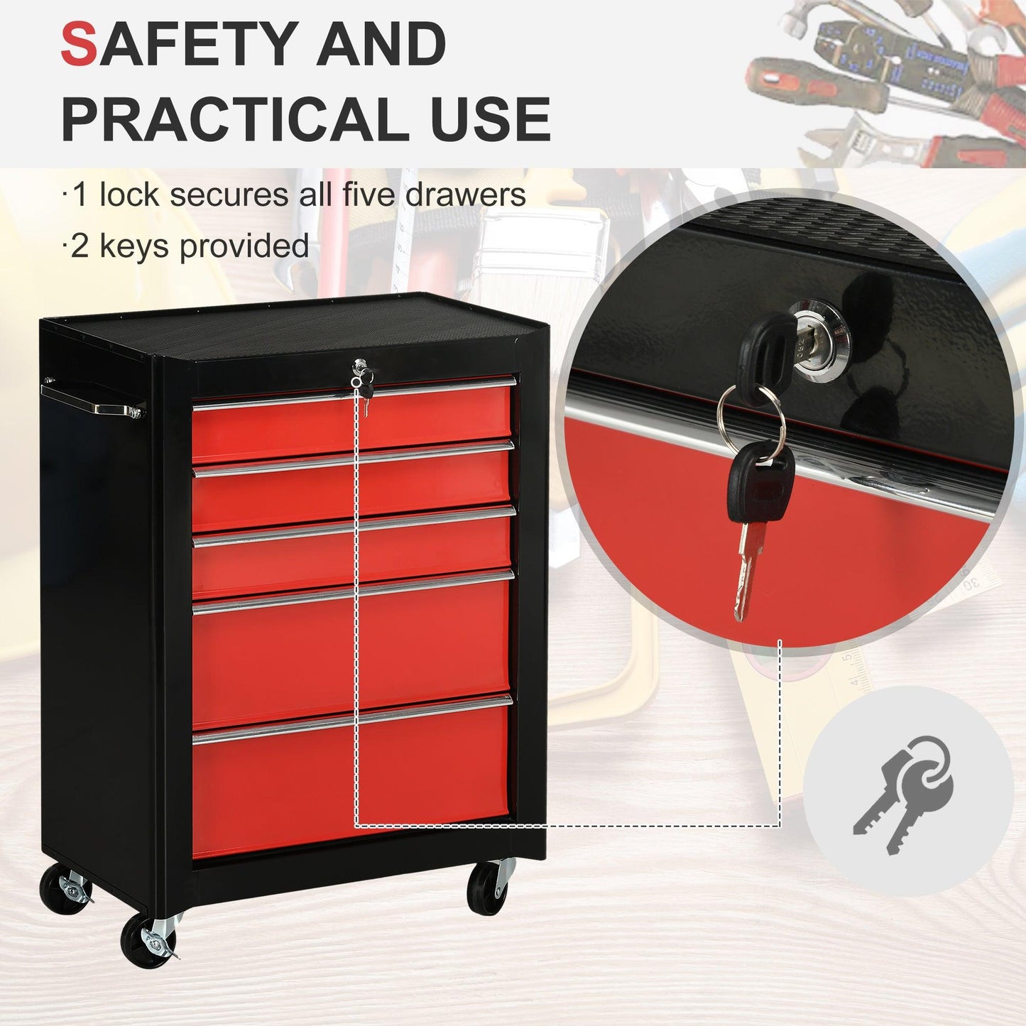 HOMCOM 5-Drawer Tool Chest, Lockable Steel Tool Storage Cabinet with Wheels and Handle Tool Box for Garage, Workshop, Red - ALL4U RETAILER LTD