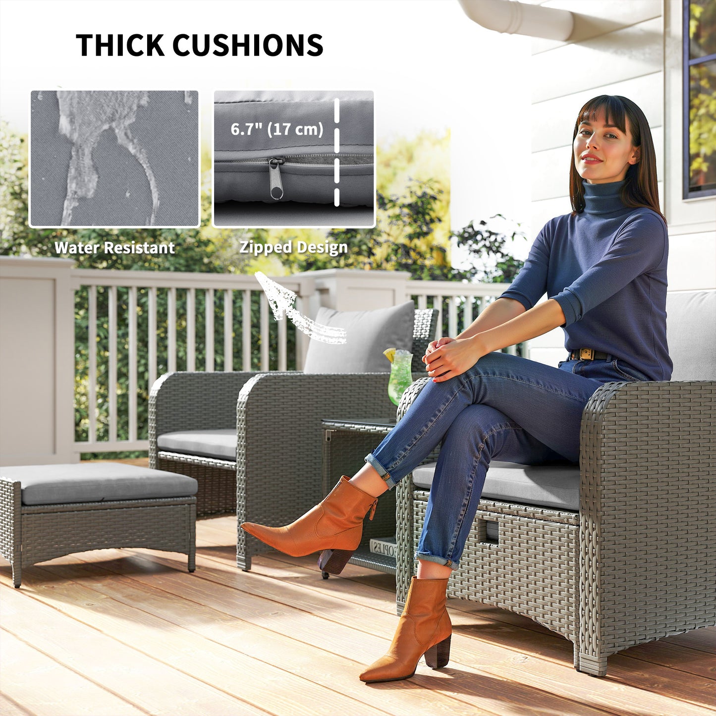 Outsunny Five Piece Rattan Outdoor Garden Furniture Set With Two Tier Coffee Table And Ottomans Grey