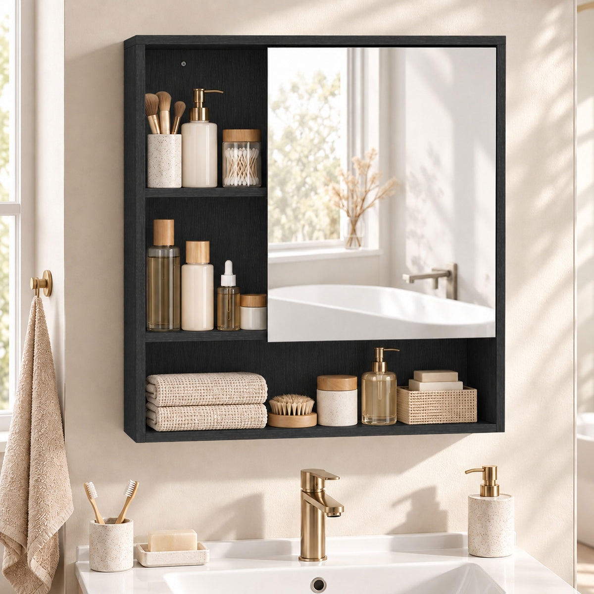 Black mirrored bathroom cabinet displaying shelves with toiletries and storage items