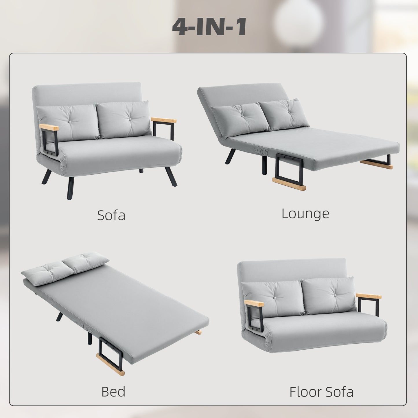 HOMCOM 4 in 1 Velvet Feel Double Sofa Bed With Pillows In Light Grey Steel Frame Five Position Back Thick Foam Padding