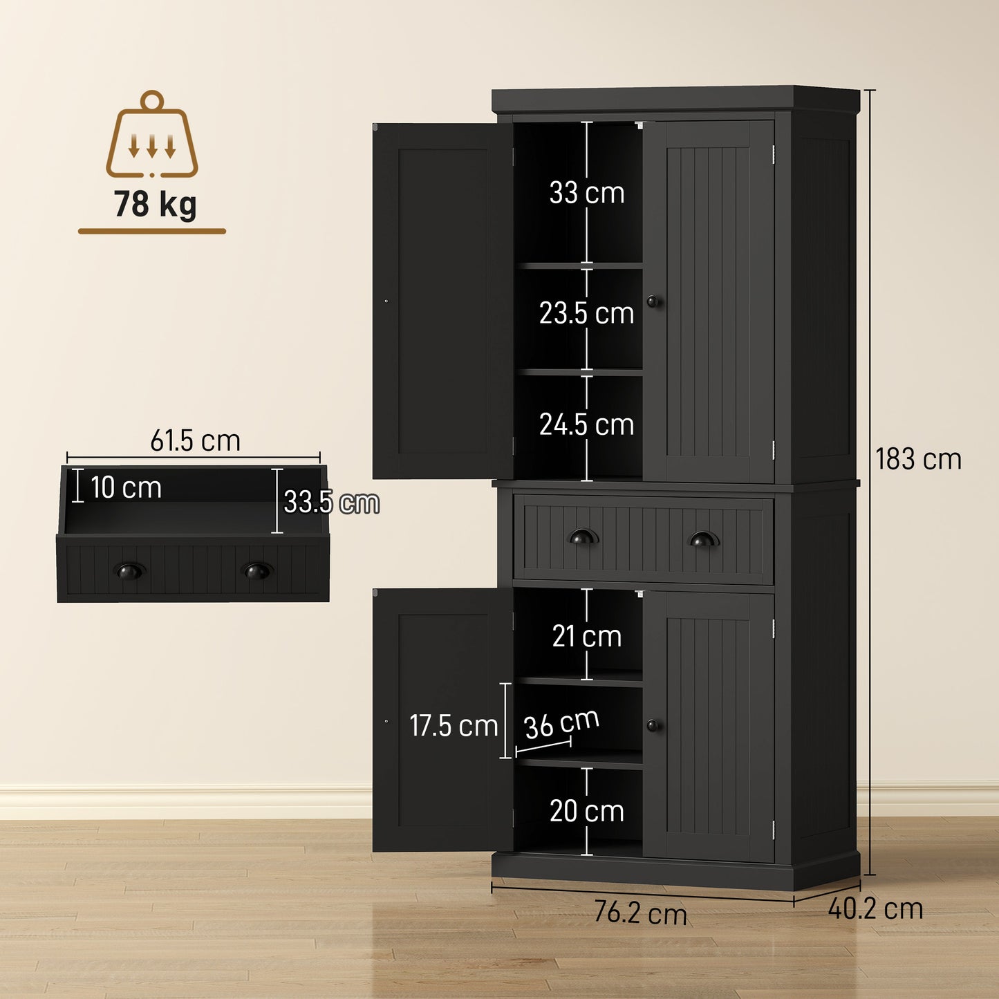 HOMCOM Kitchen Storage Cabinet with 4 Doors and Adjustable Shelves Tall Larder Pantry in Black MDF Construction
