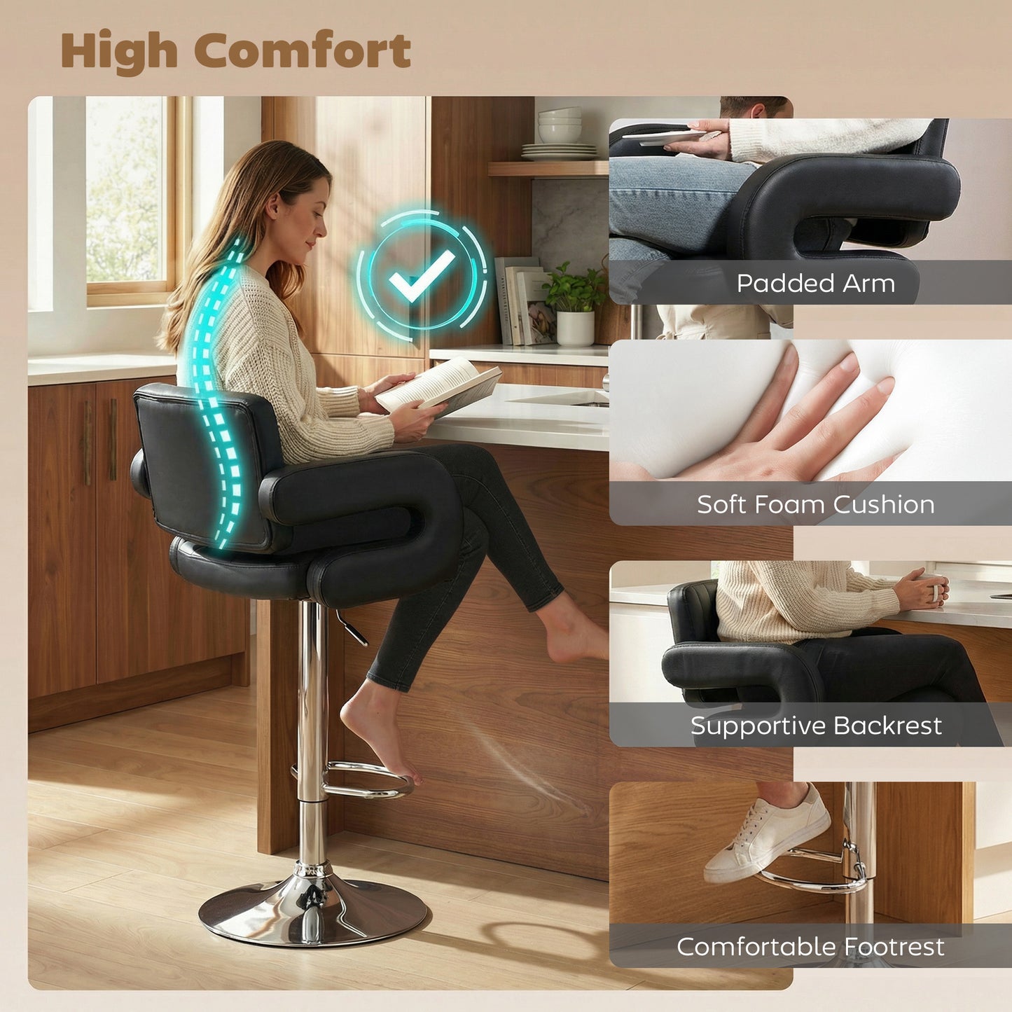 Homcom Adjustable Swivel Bar Stools With Backrest And Armrests Set Of 2 PU Leather Black