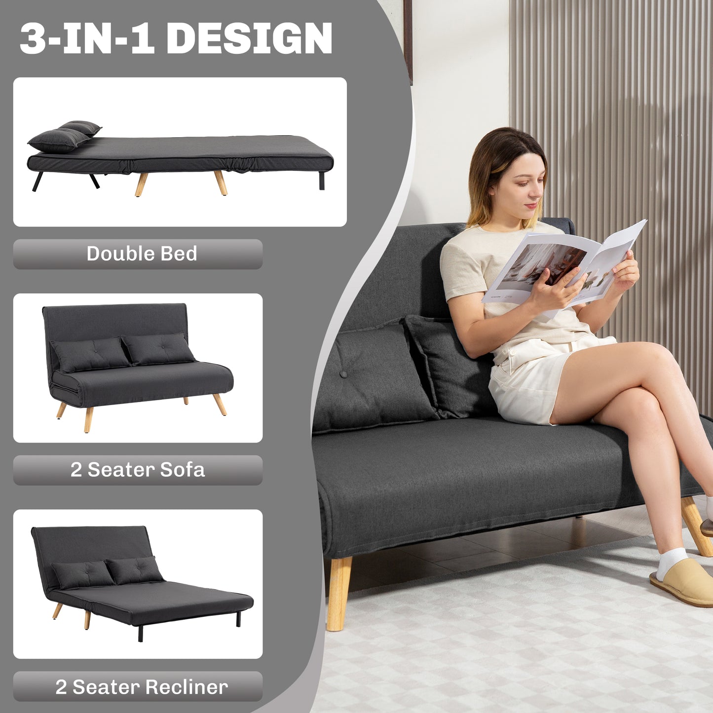 Homcom Two-Seater Linen-Look Sofa Bed Charcoal Grey With Click-Clack Mechanism For Day To Night Comfort