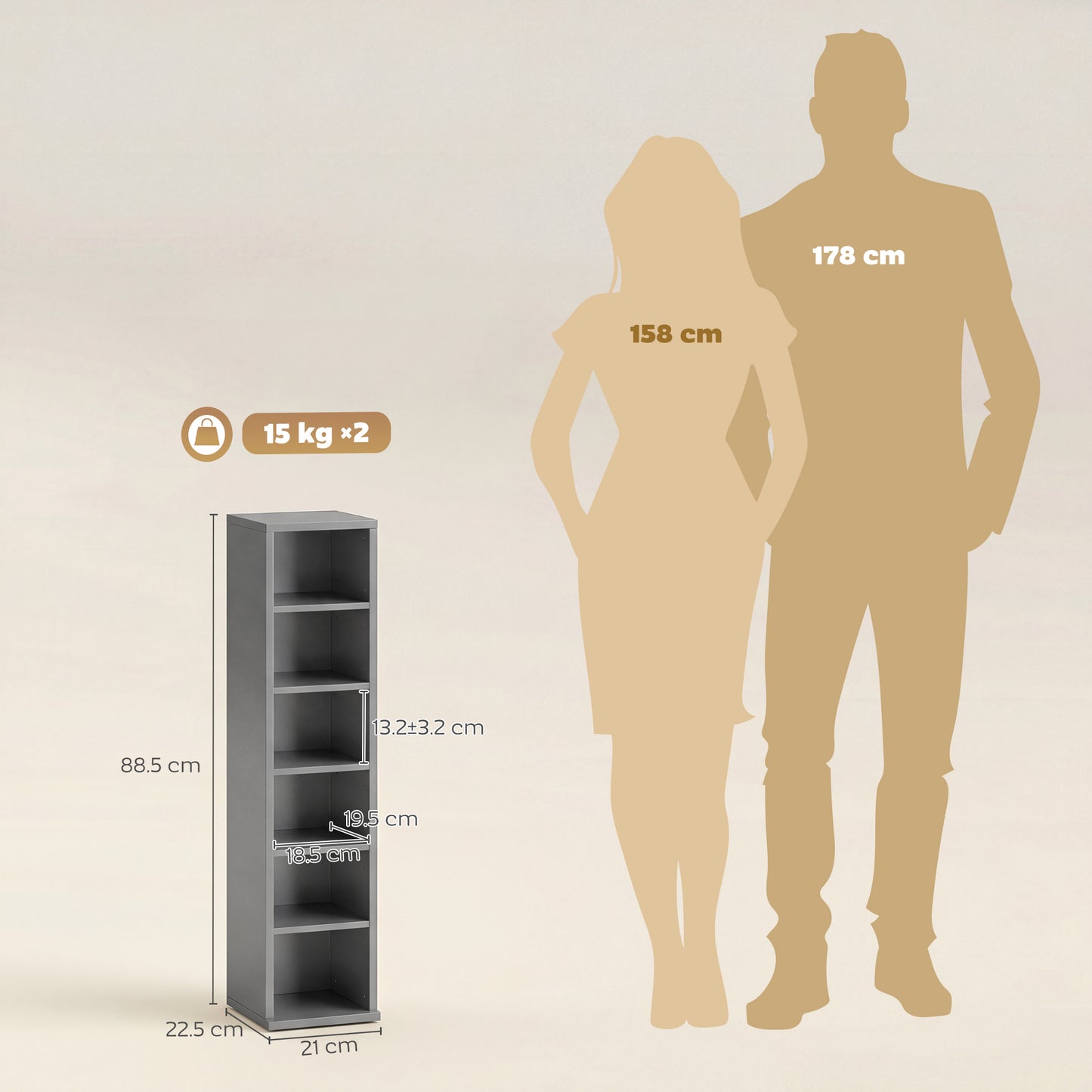 HOMCOM Set of 2 CD Media Display Shelves With Adjustable Shelves Tower Rack Light Grey