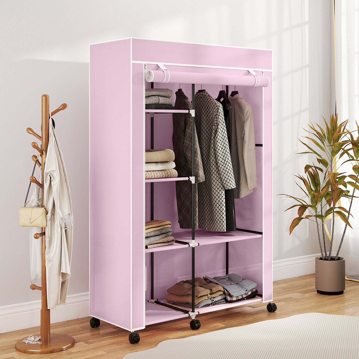 HOMCOM Fabric Wardrobe With Shelves And Hanging Rail Foldable Wardrobe Pink Portable Clothing Storage