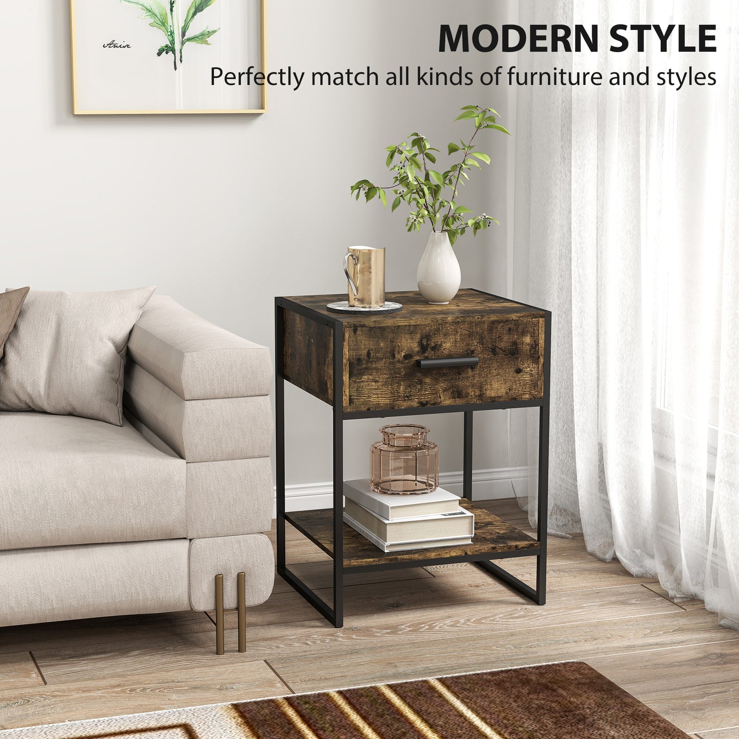 HOMCOM Modern Bedside Table With Drawer And Shelf In Rustic Brown And Black Frame