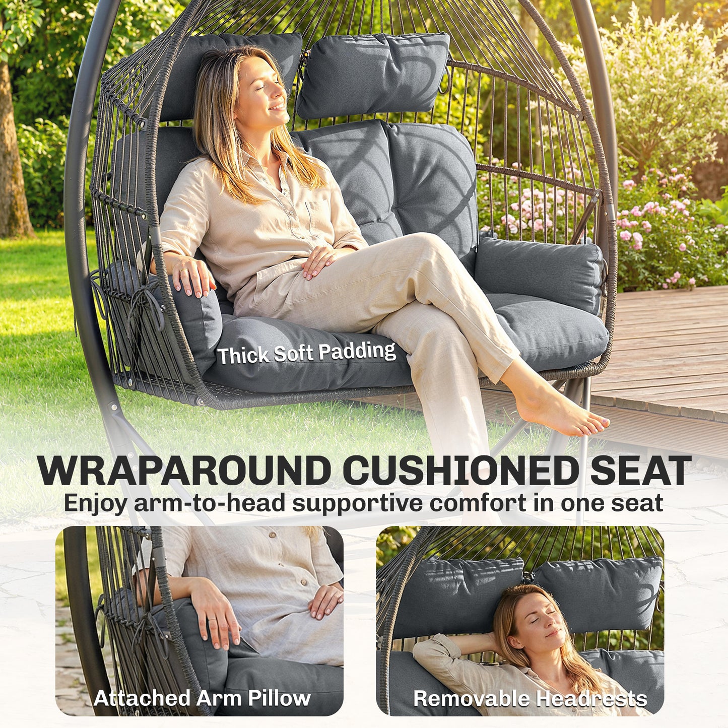 Outsunny Double Hanging Egg Chair With Canopy Stand For Indoor Outdoor Rattan Garden Swing Chair Dark Grey Cushion