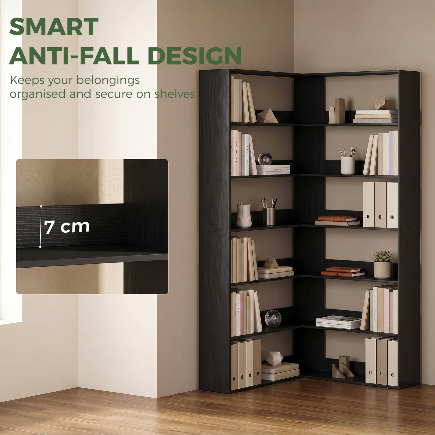 HOMCOM 7 Tier L Shaped Corner Bookshelf with Anti Slip Rear Guard Black Wood Effect 180 Cm Tall