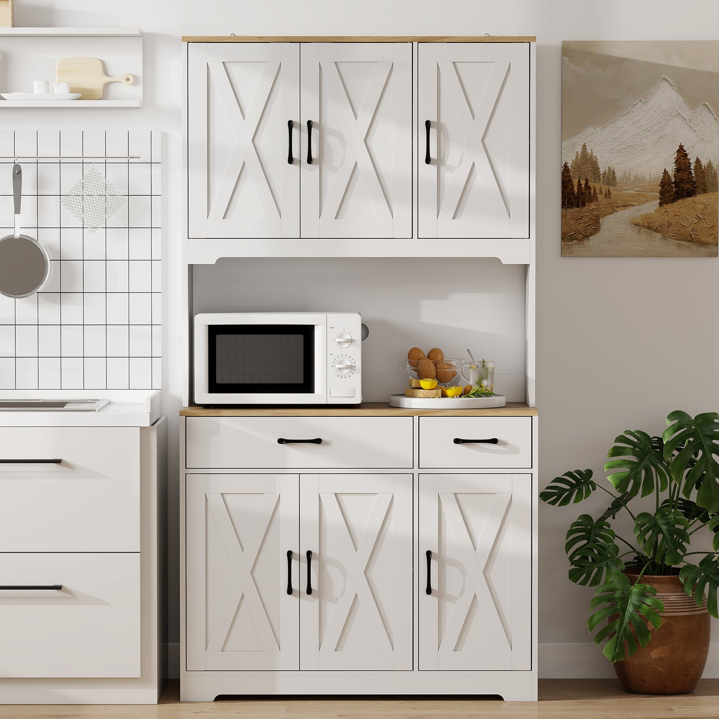 HOMCOM 175 cm Tall Kitchen Pantry Cabinet With Microwave Stand Freestanding White