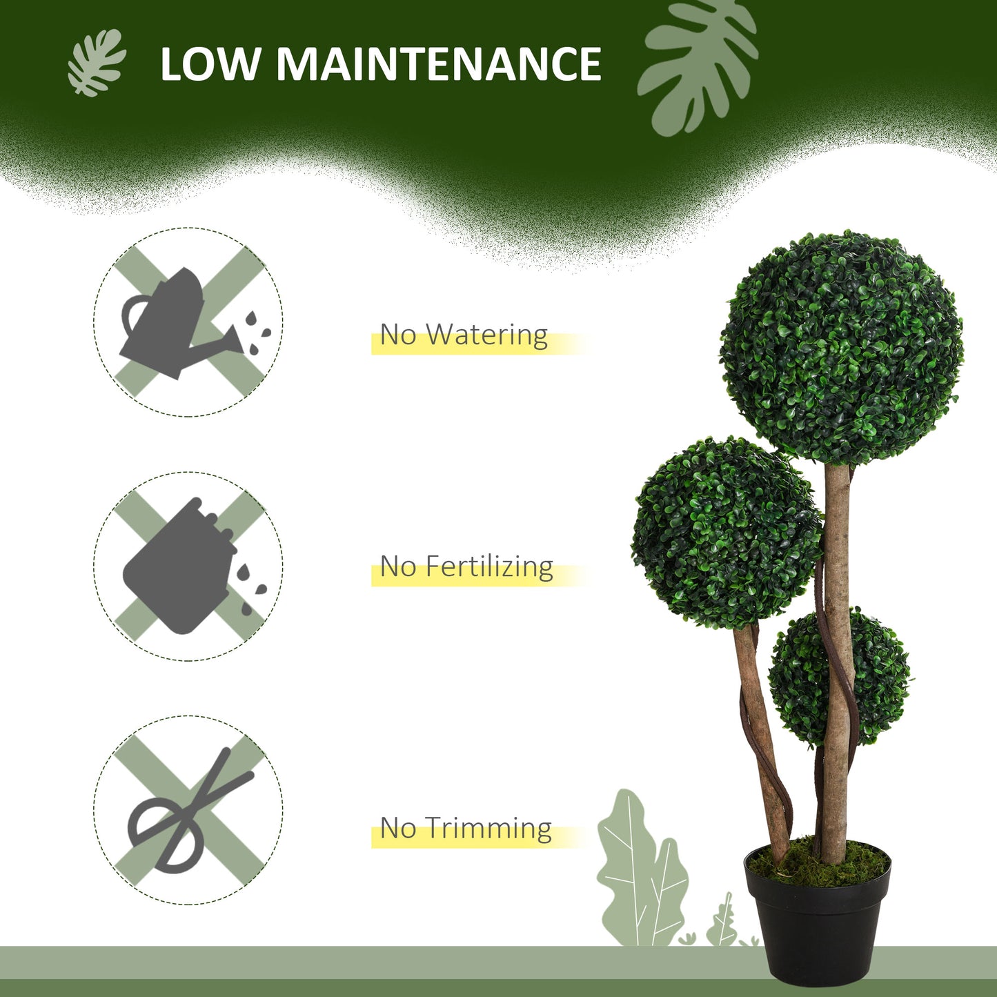HOMCOM Boxwood Ball Topiary Tree in Pot Decorative Artificial Plant for Indoor Outdoor Decor 90 Cm Dark Green