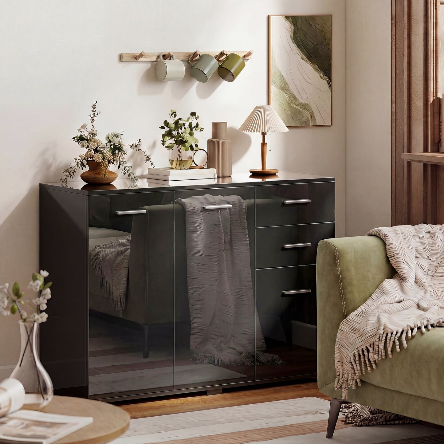 HOMCOM Modern Sideboard Storage Cabinet With 2 Drawers And 3 Doors Adjustable Shelves High Gloss Black