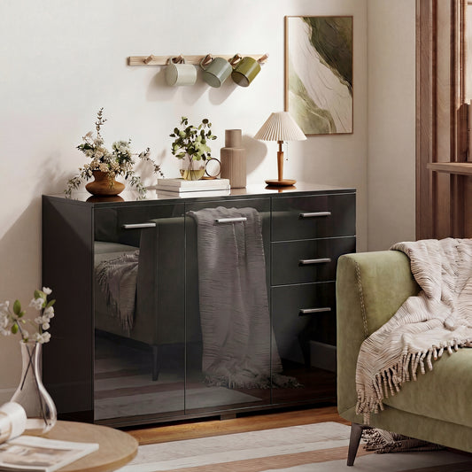 HOMCOM Modern Sideboard Storage Cabinet With 2 Drawers And 3 Doors Adjustable Shelves High Gloss Black