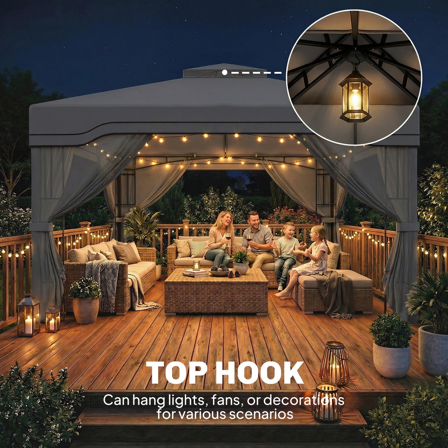 Outsunny 3 X 3.6 m Outdoor Garden Gazebo With Post Shelves UPF50 Plus Roof Mesh Panels Dark Grey