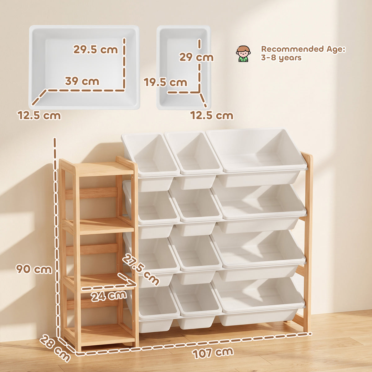 Pine wood toy storage organizer with multiple bins and labeled shelf measurements
