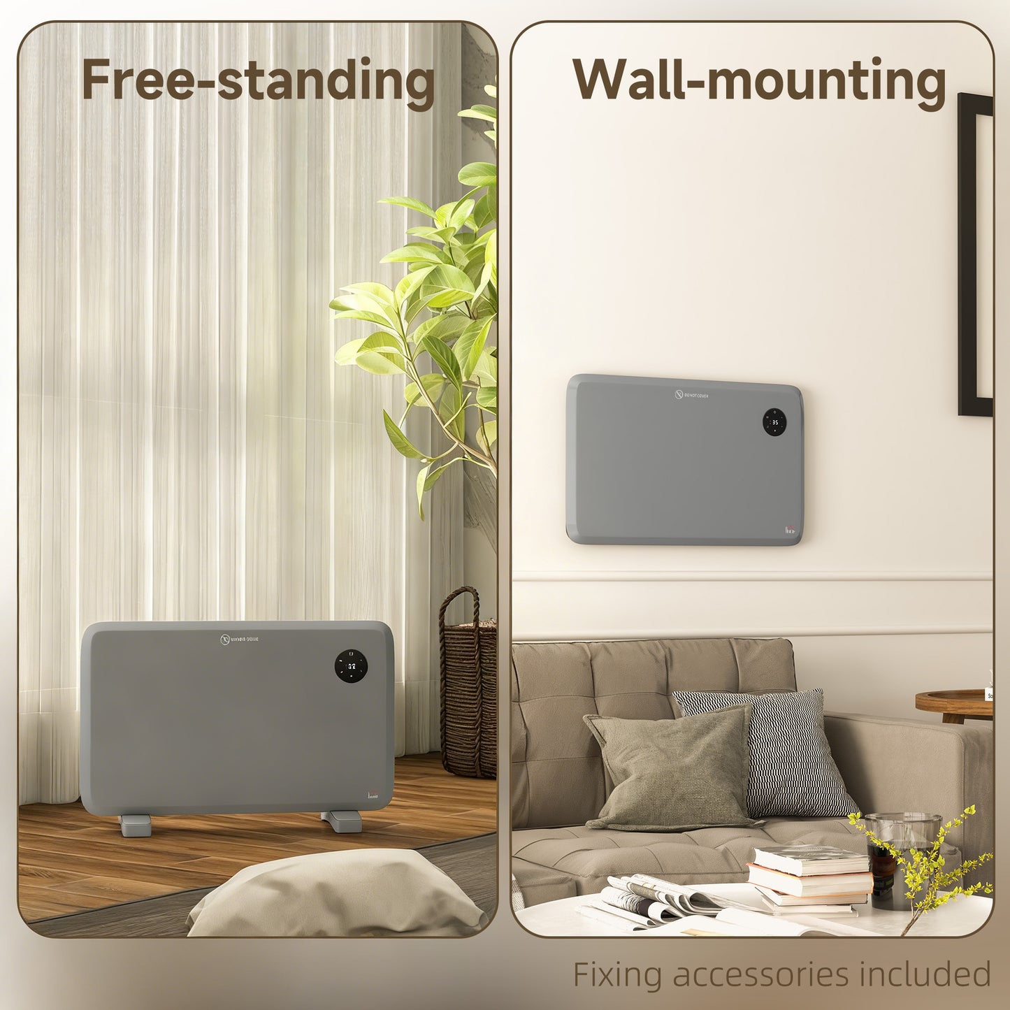 HOMCOM 1200W Electric Convector Heater Freestanding or Wall Mounted Space Heater with Adjustable Thermostat Timer Grey