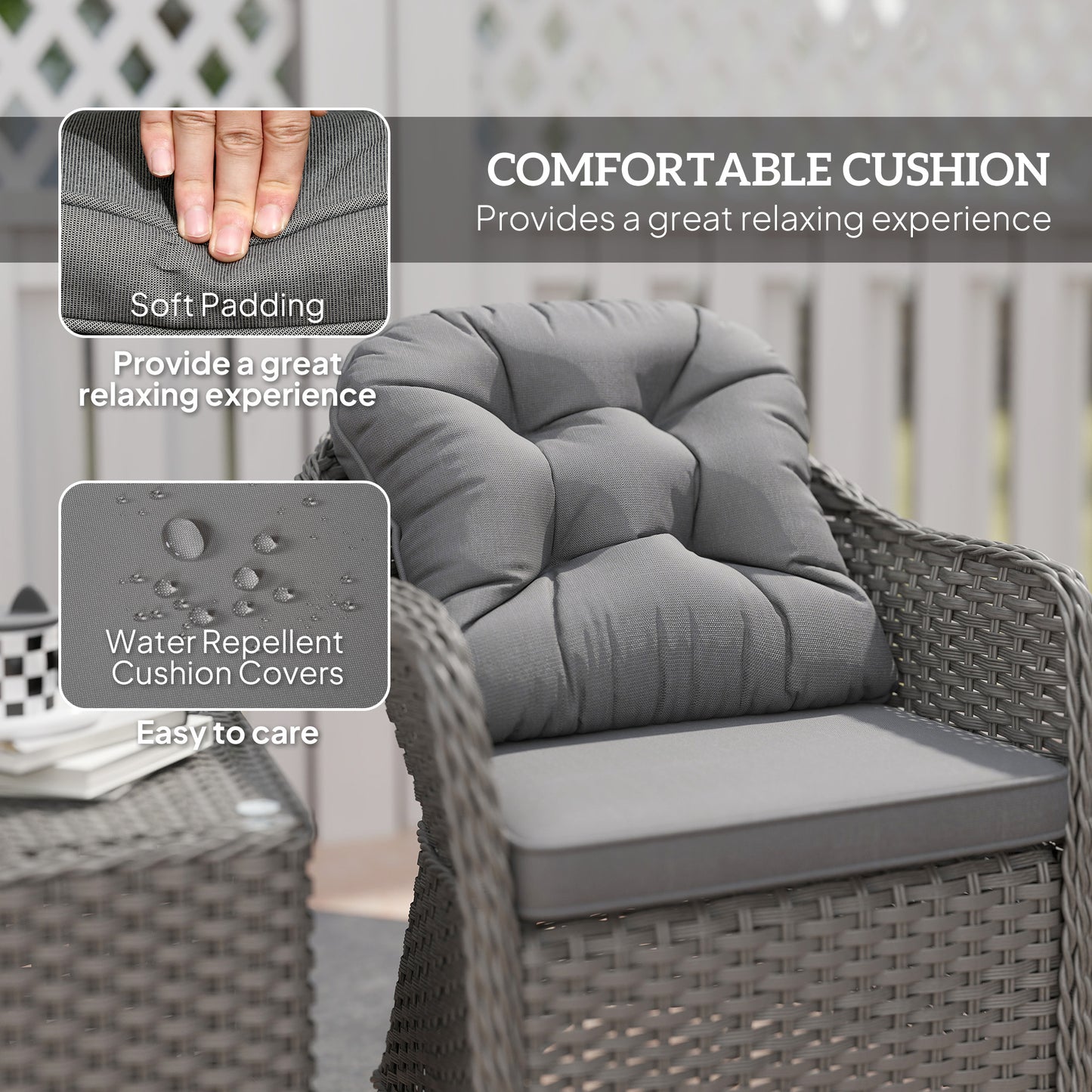 Outsunny Three Piece Super Padded Rattan Set Outdoor Patio Garden Table And Two Chairs Light Grey