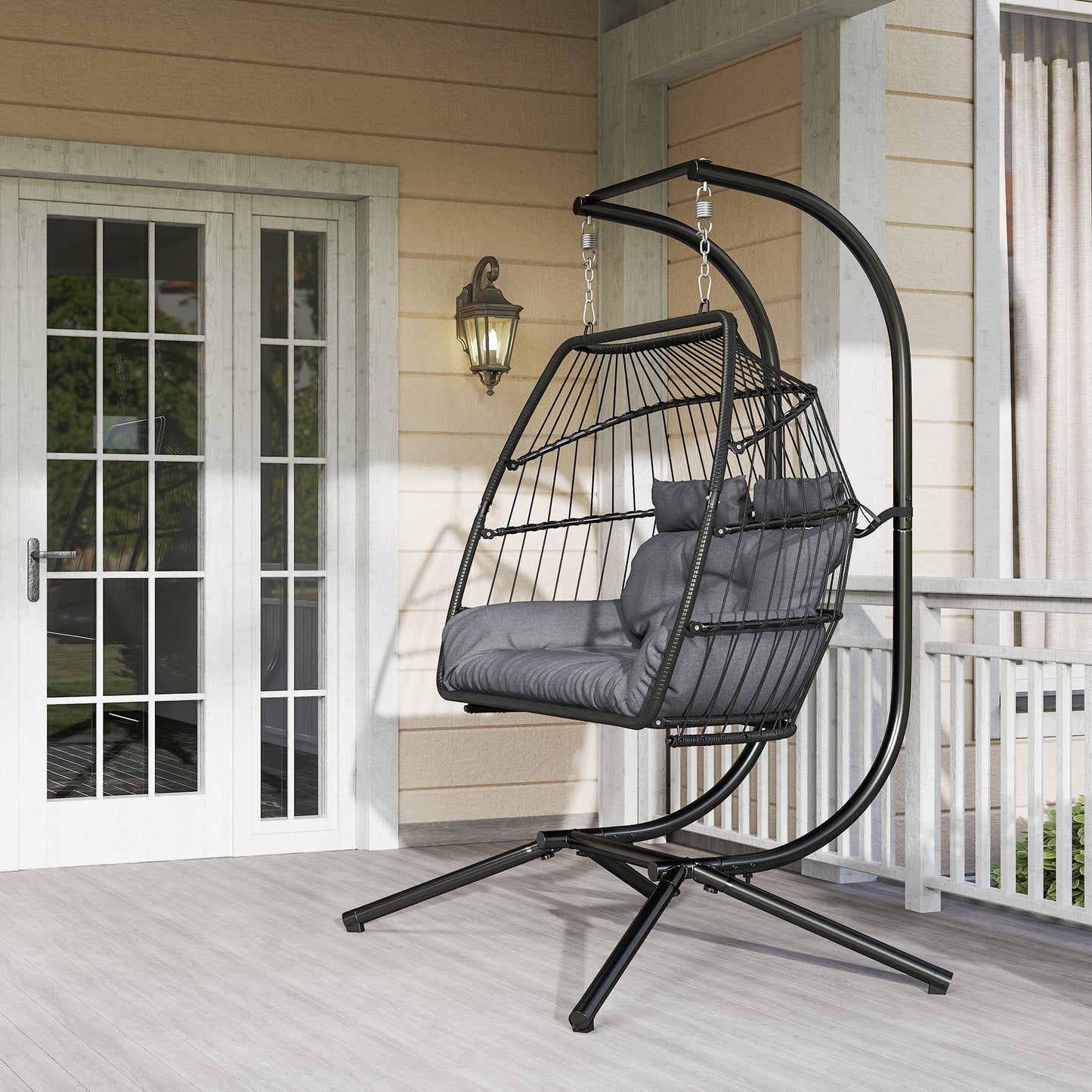 Outsunny Rattan Double Hanging Egg Chair With Stand Foldable Wicker Swing Cushion Pillows For Indoor Outdoor Dark Grey