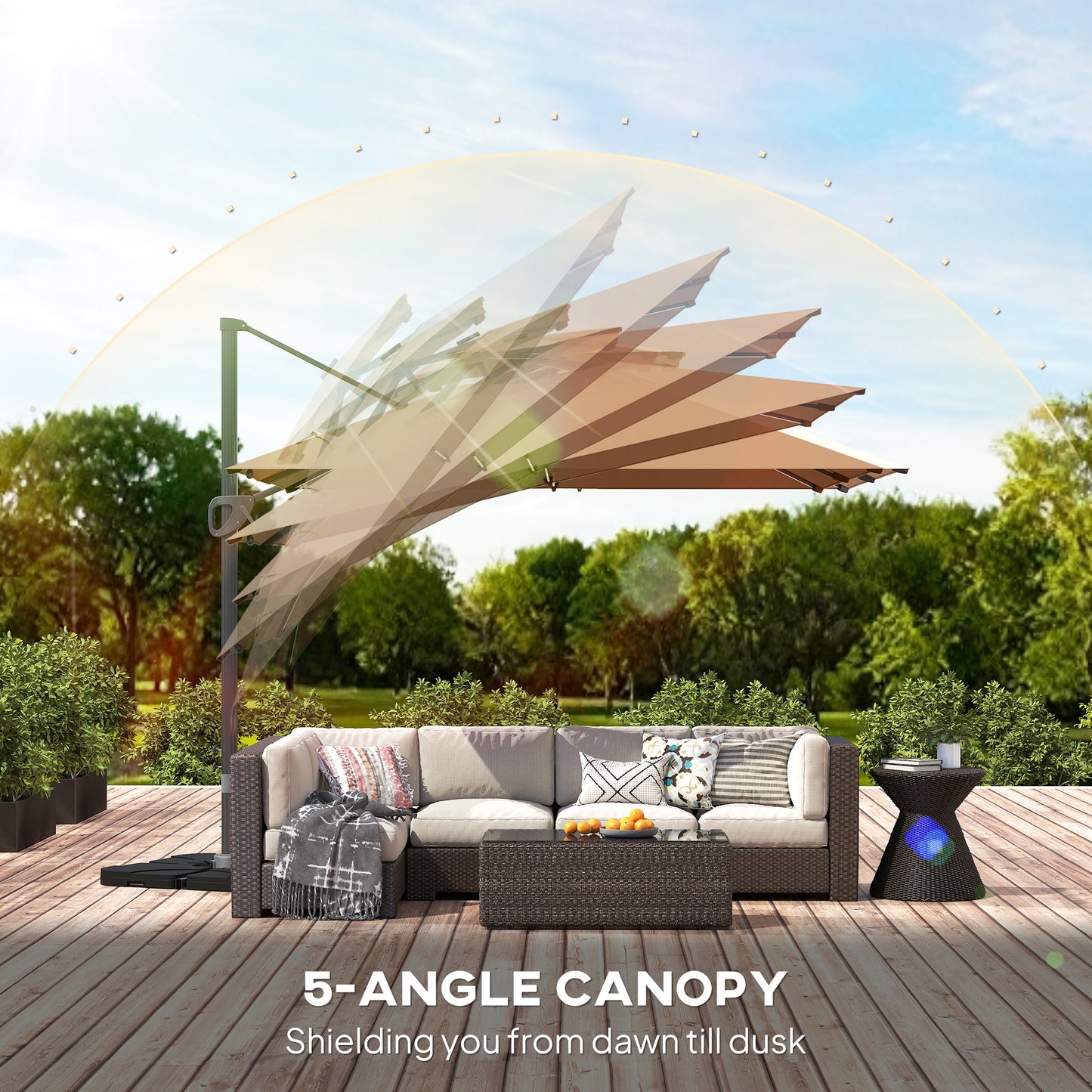 Outsunny Multi Angle LED Light Parasol Umbrella With Solar Powered Lights UPF 50 Plus Canopy Tiltable 360 Degree Swivel