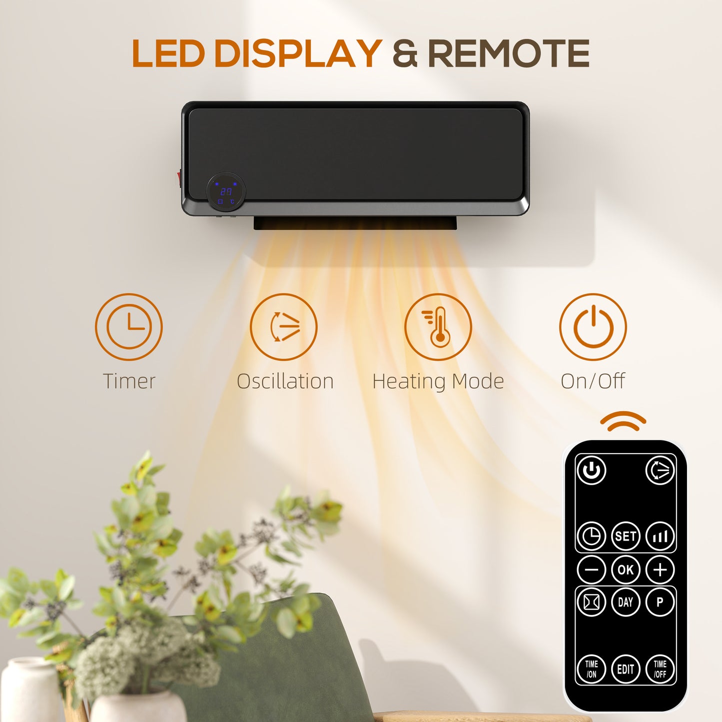 HOMCOM Wall Downflow Heater Timer Remote Oscillating 1000W 2000W Electric Space Heater For Bedroom Home Office Black
